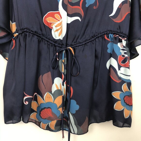 Colorful Floral Top Oversize S Butterfly Short Sleeve Navy Satin Blouson Slouchy - Picture 4 of 12
